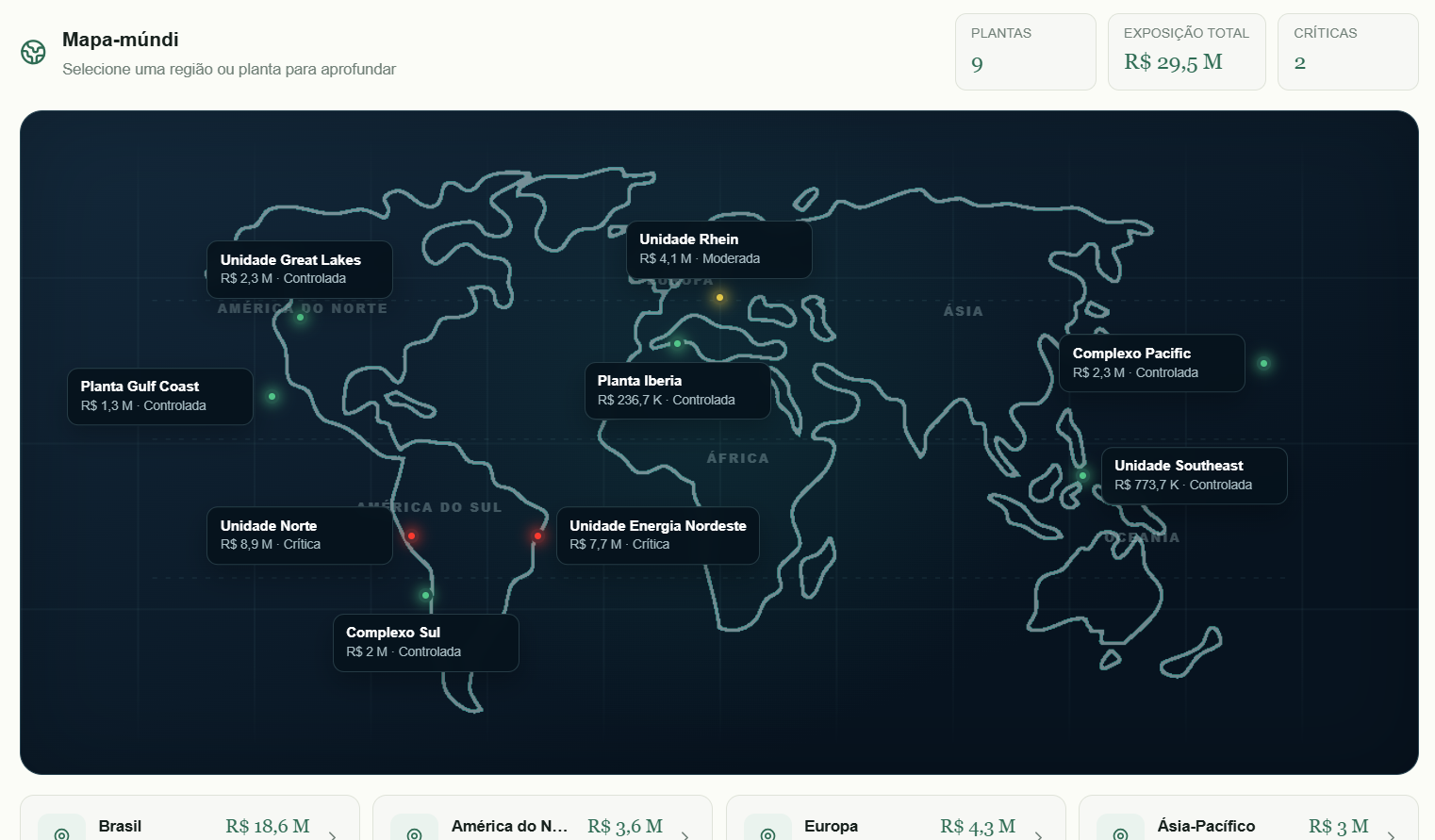 Mapa-múndi da CONSILIA com exposição financeira por países, regiões e plantas industriais